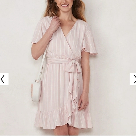 LC Lauren Conrad Belted Flutter Short Sleeve V Neck Pink Striped Dress XS - Picture 2 of 14